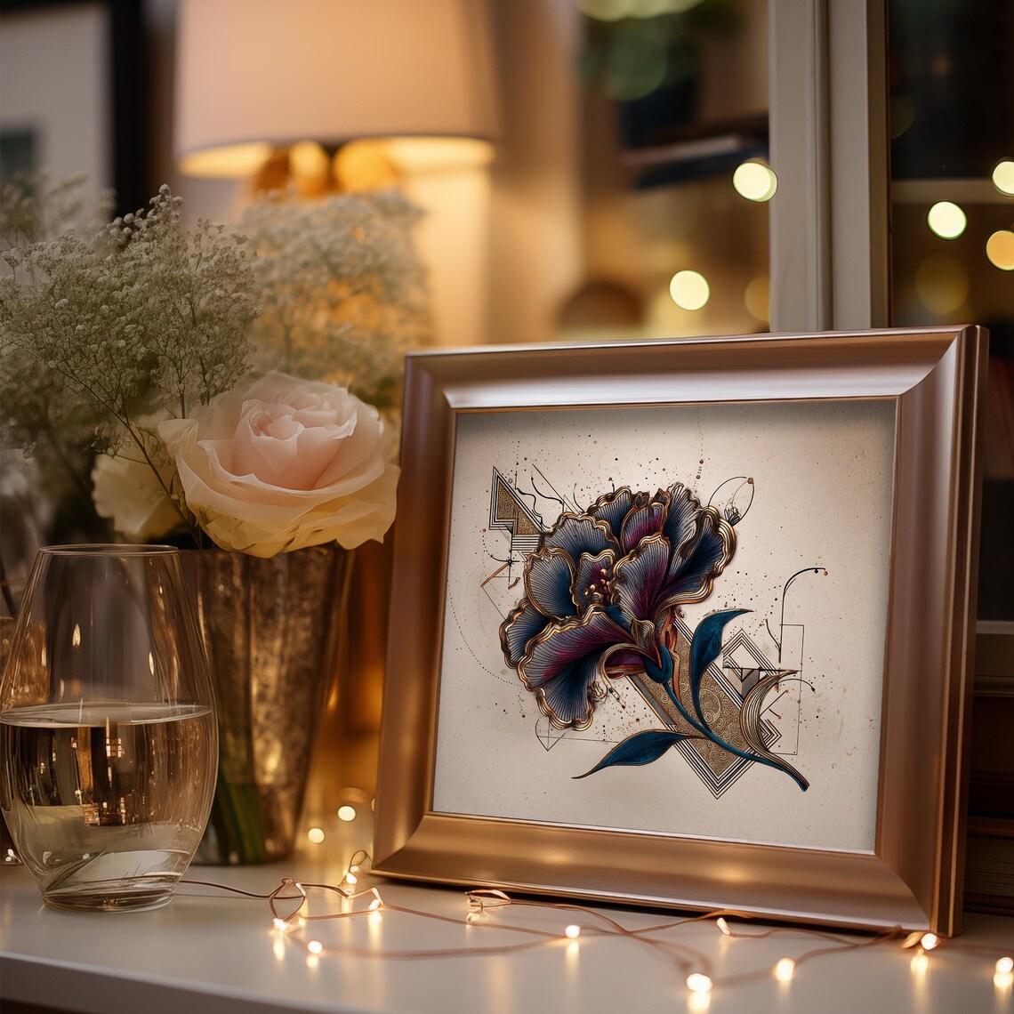Blue Peony Flower With Gold Geometric Art Deco Botanical Poster - Image 3
