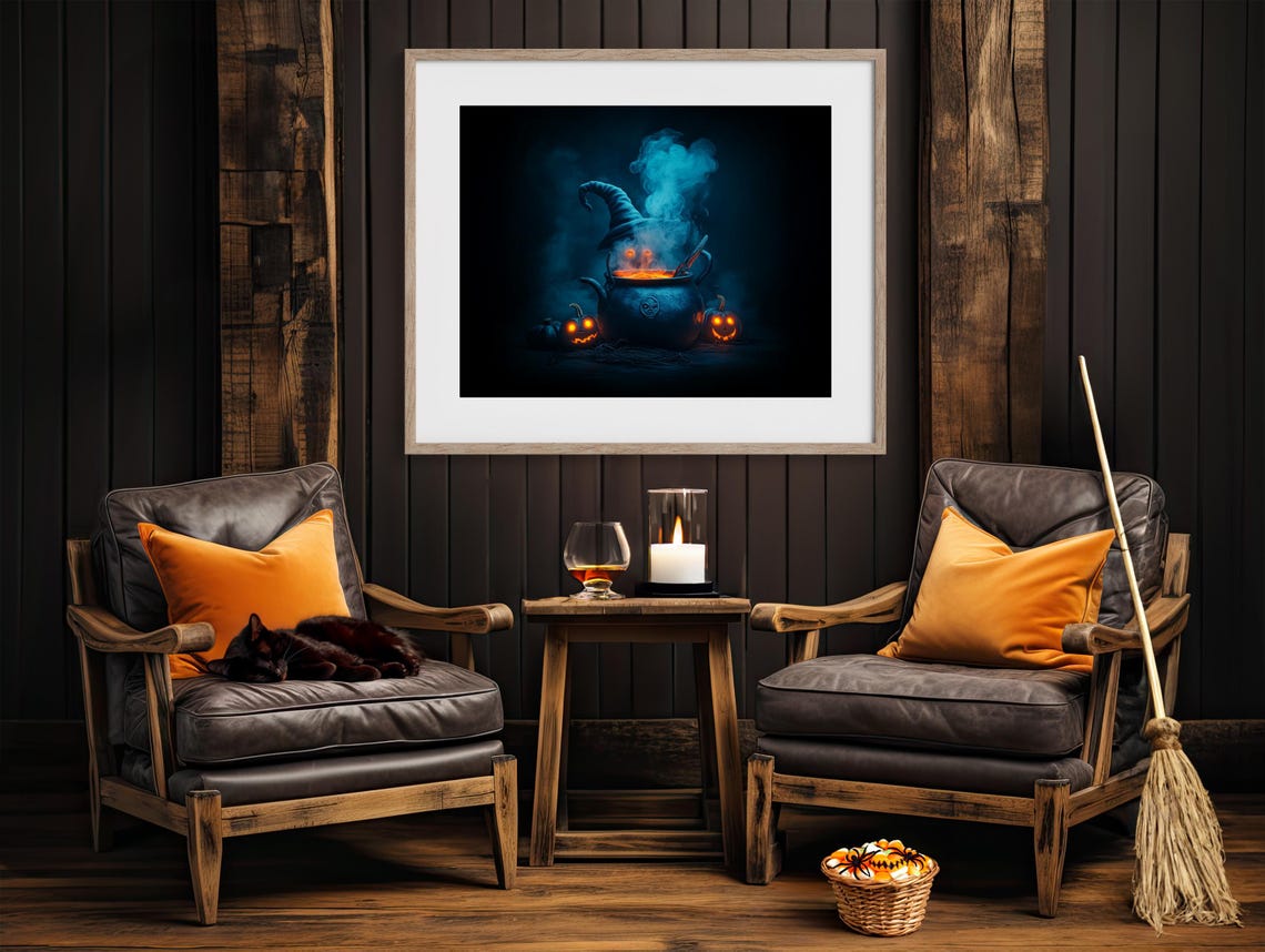Witch Hat Bubbling Cauldron Potion with Glowing Jack-o-Lanterns Poster - Image 4