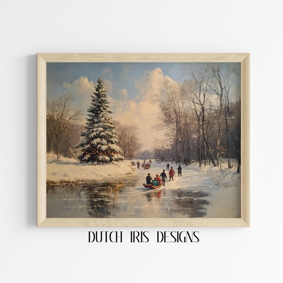 Winter Wonderland Friends Sledding Together on a Frozen Pond Poster