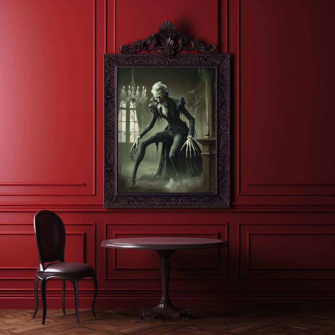 Pale Vampire With Long Claws In Dark Chandelier Hall Horror Poster - Image 2