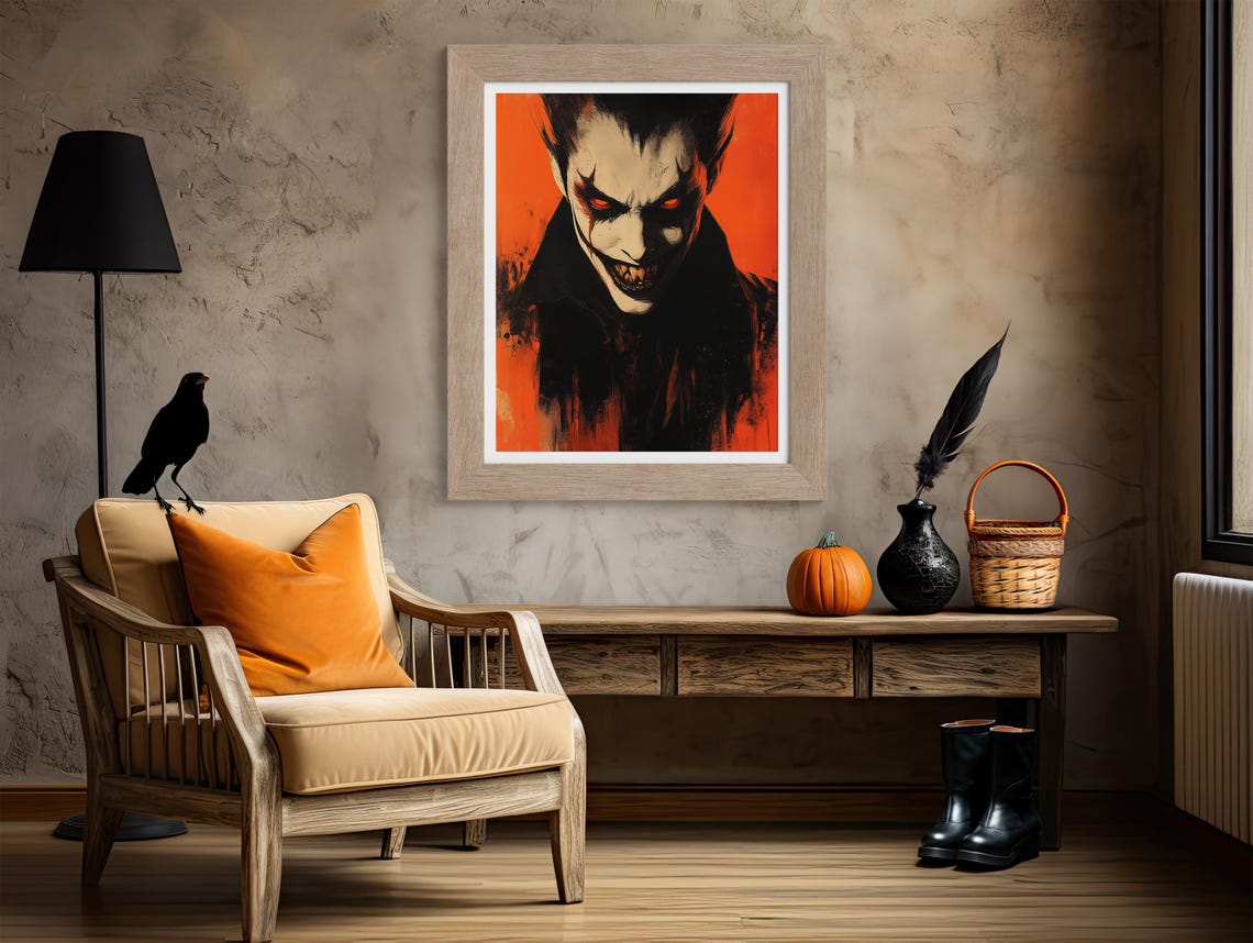Vampire Portrait With Red Eyes On Orange Background Halloween Poster - Image 4
