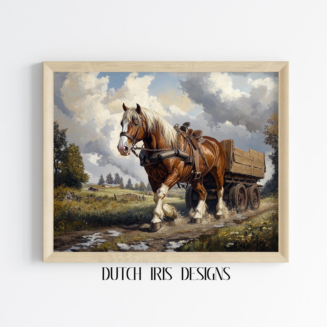 Draft Horse Pulling Wooden Wagon On Muddy Country Road Poster