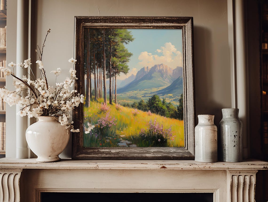 Spring Valley With Wildflowers Pine Forest And Mountain View Poster - Image 3