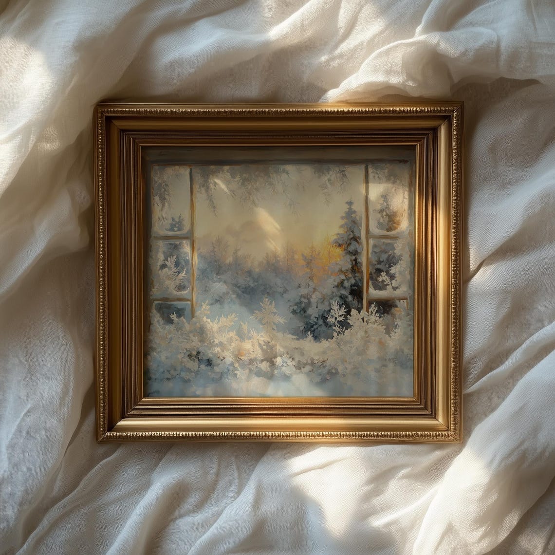 Frosty Window View of a Snowy Forest Glowing at Sunrise Poster - Image 2