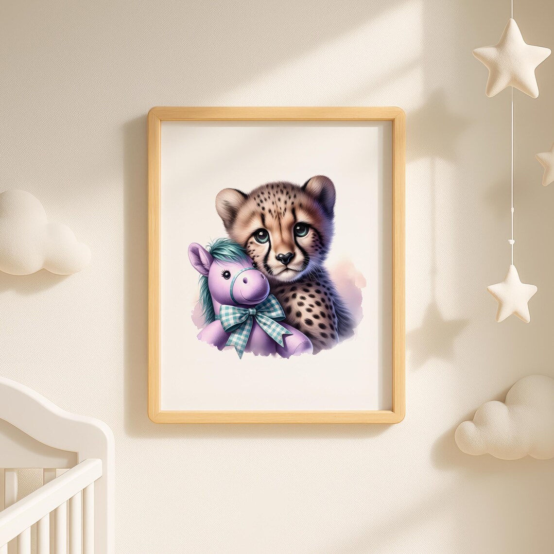 Baby Cheetah With Purple Toy Horse Adorable Nursery Safari Poster - Image 2
