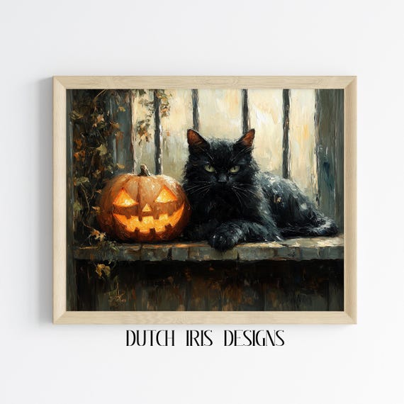 Halloween Black Cat With Jackolantern Moody Fall Art Mysterious Painting Rustic Autumn Decor Wall 451