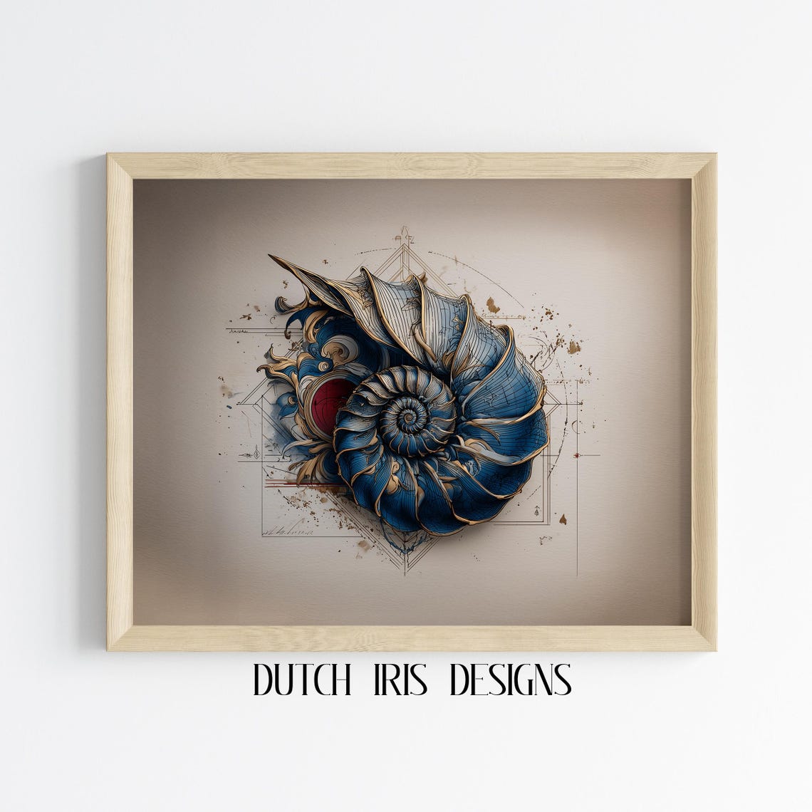 Blue Nautilus Shell With Gold Geometric Elegant Coastal Poster