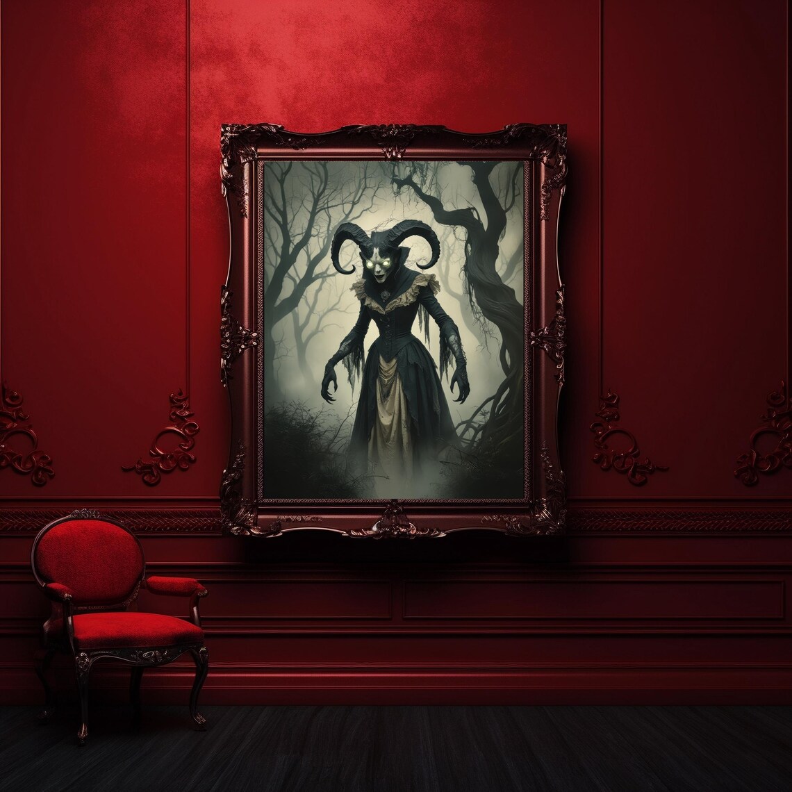 Horned Demon Woman In Misty Forest Dark Fantasy Halloween Poster - Image 3