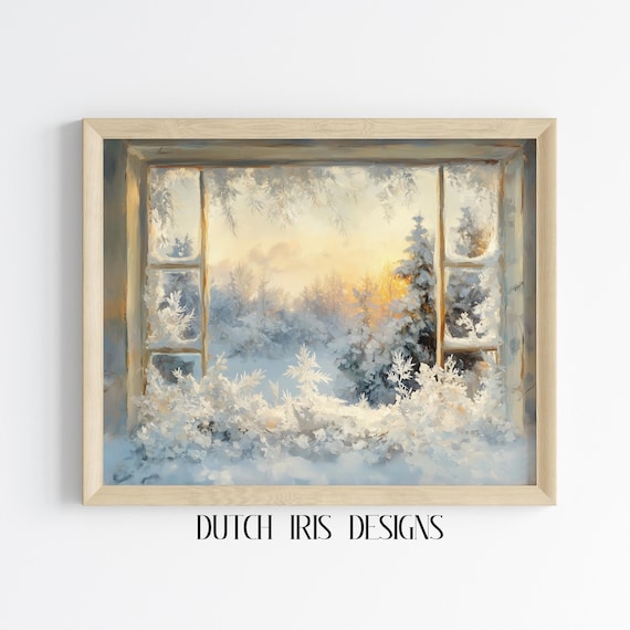 Frosty Window View of a Snowy Forest Glowing at Sunrise Poster