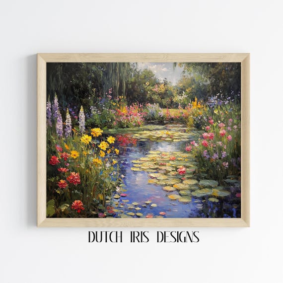 Impressionist Garden Landscape Waterlily Pond Wall Art Monet Inspired Painting Vibrant Decor 386