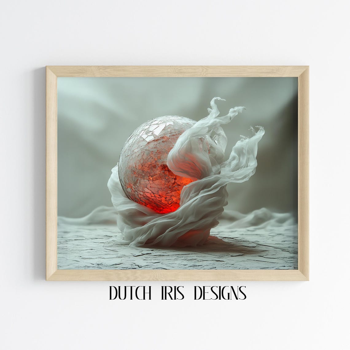 Glowing Cracked Glass Orb Wrapped In White Silk Abstract Art Poster