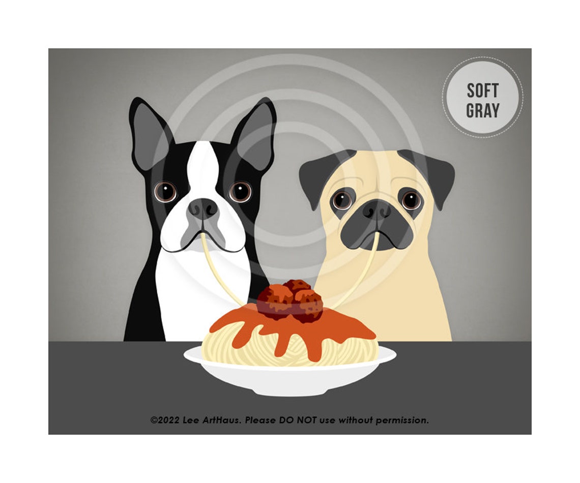 Boston Terrier and Pug Sharing Spaghetti and Meatballs Art Poster - Image 3