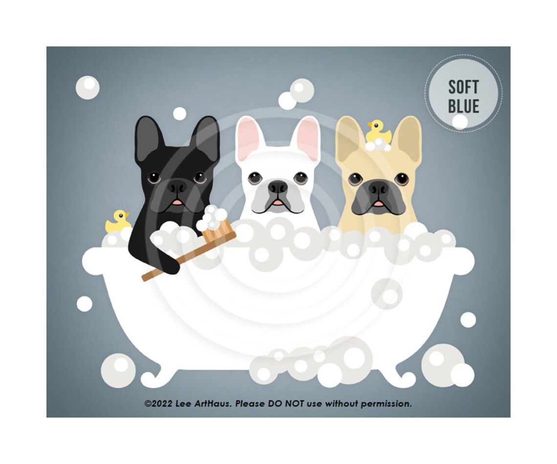Three French Bulldogs Bubble Bath Teal Bathroom Cute Dog Art Poster - Image 2