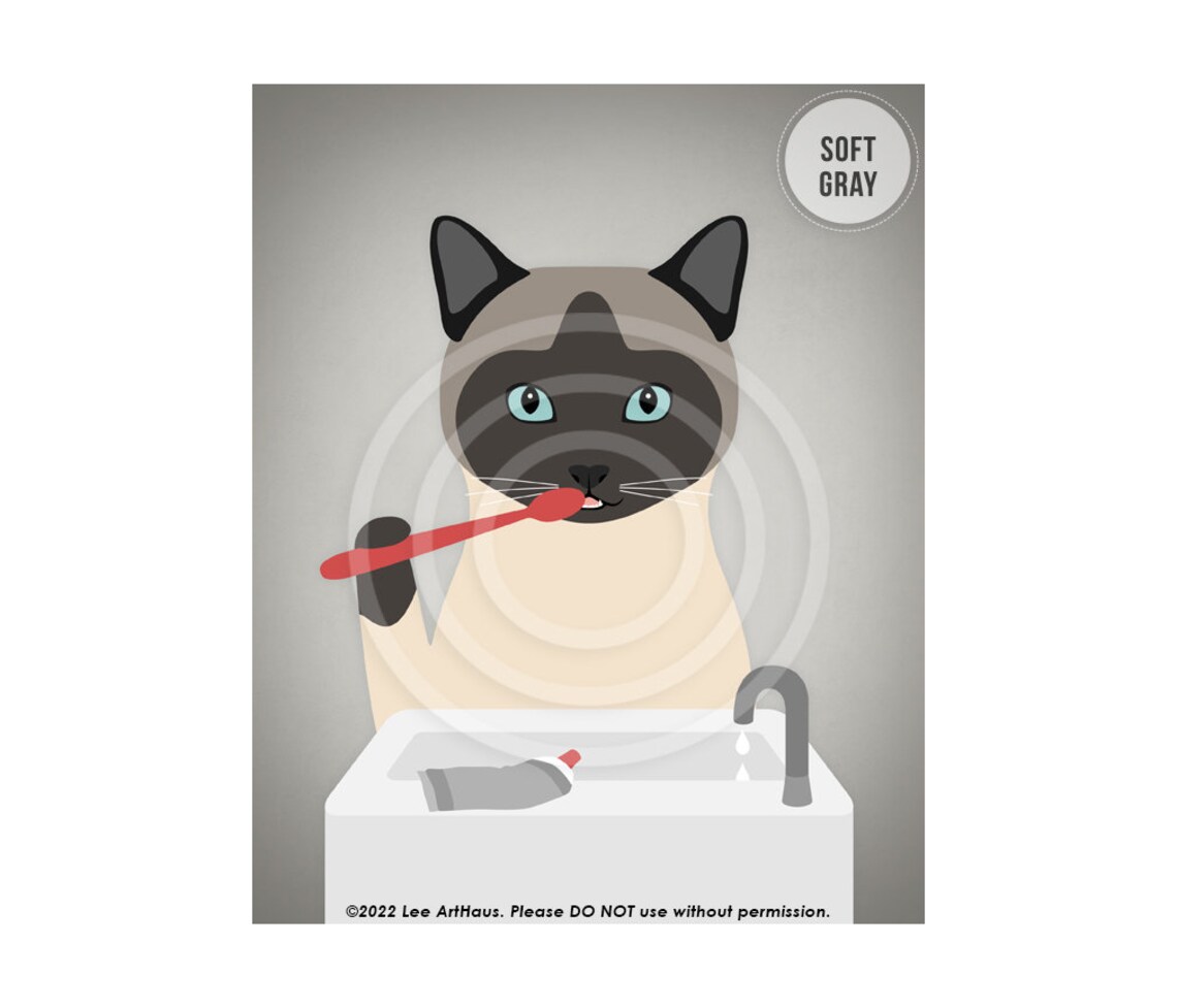 Siamese Cat Brushing Teeth Blue Eyes Cartoon Style Funny Bathroom Wall Poster - Image 4