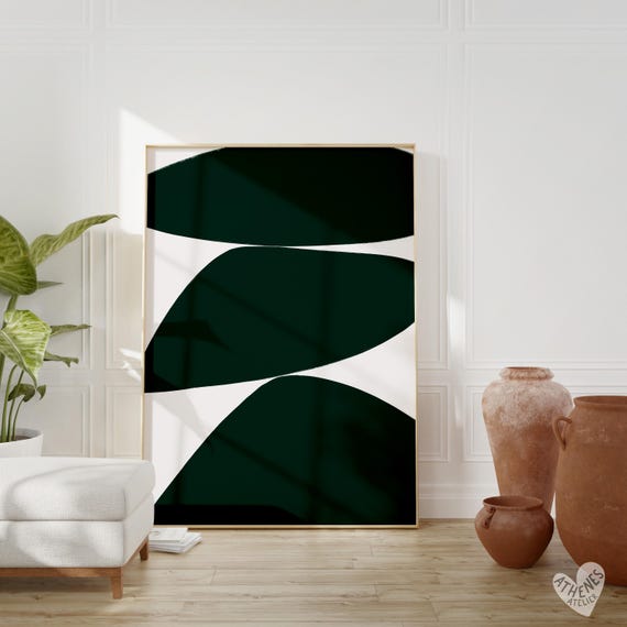 Abstract Print Very Dark Green Minimalist Art Peaceful Bedroom Above Bed Living Room Wall Hand Drawn Mid Century
