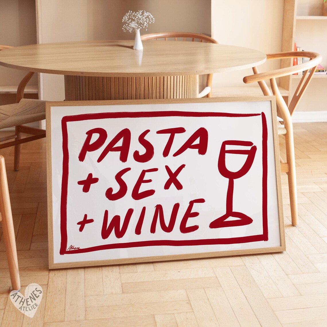 Pasta Sex Wine Playful Red Typography Fun Kitchen Wall Poster