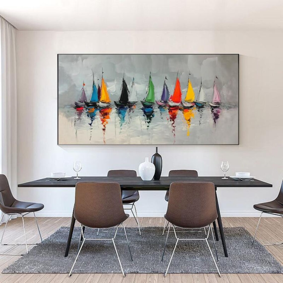 Colorful Rainbow Sailboats on a Calm Grey Sea Nautical Poster - Image 2