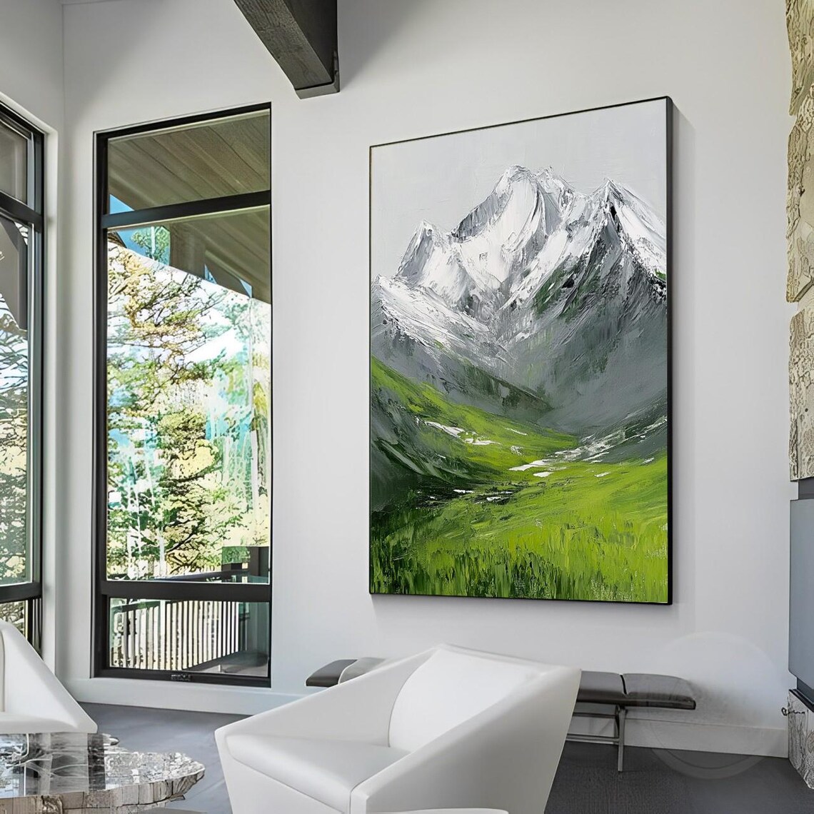 Snow Capped Mountain Peak Rising Over a Green Meadow Valley Poster - Image 5