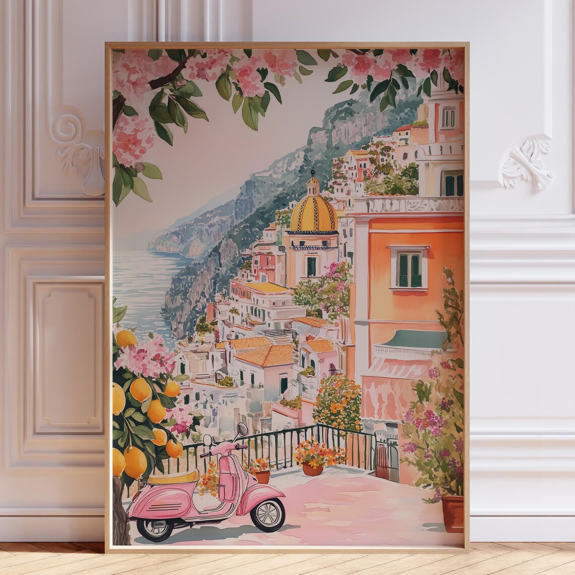 Pink Amalfi Coast Watercolor Travel Poster, Positano