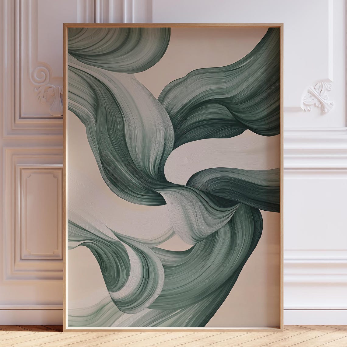 Sage Green Swirling Smoke Twisted Ribbon Abstract Modern Wall Art