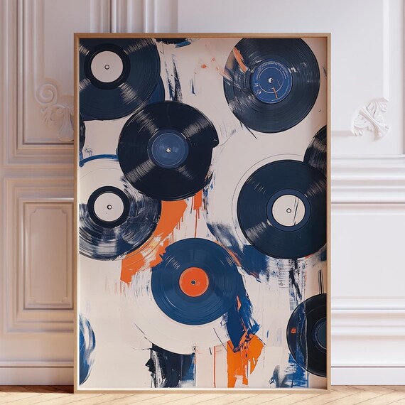 Abstract Vinyl Records Painting Navy Orange Retro Music Lover Decor Poster