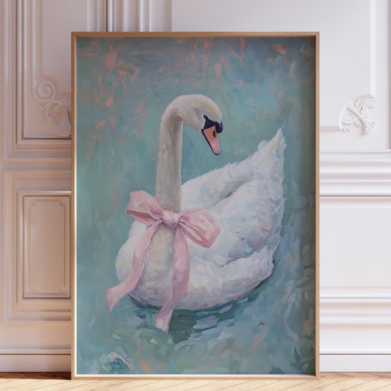 Blue Swan Print With Bow Vintage Watercolor Wall Art Nursery Coquette Animal