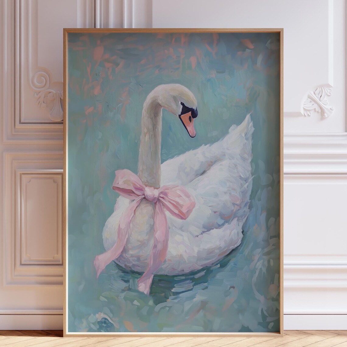Swan With Pink Bow Gliding Across Teal Water Nursery Wall Art