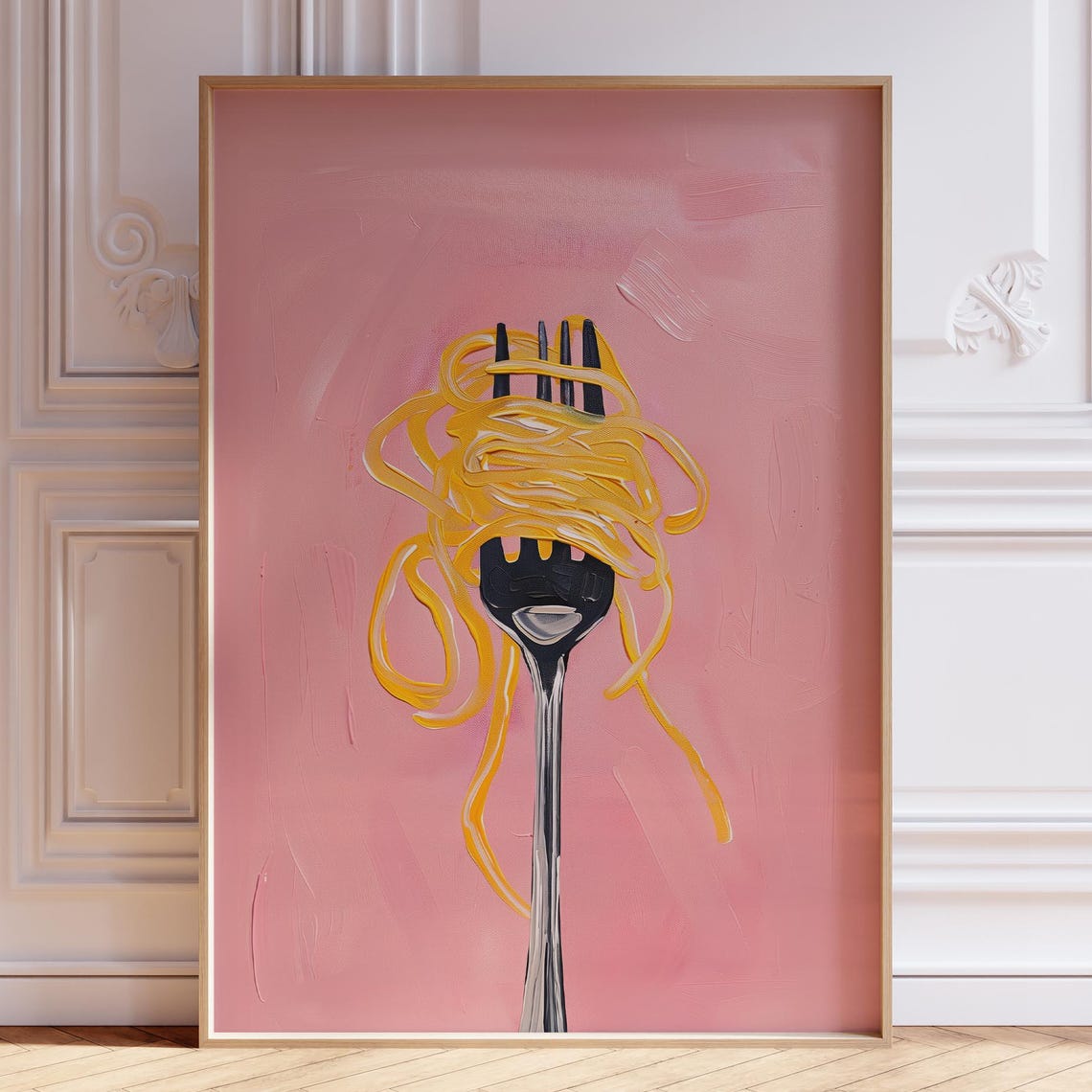 Spaghetti Fork Pink Trendy Pasta Watercolor Kitchen Art Poster