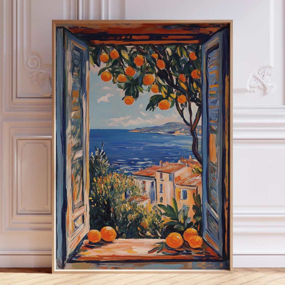 Open Window Overlooking Mediterranean Sea With Orange Tree Poster