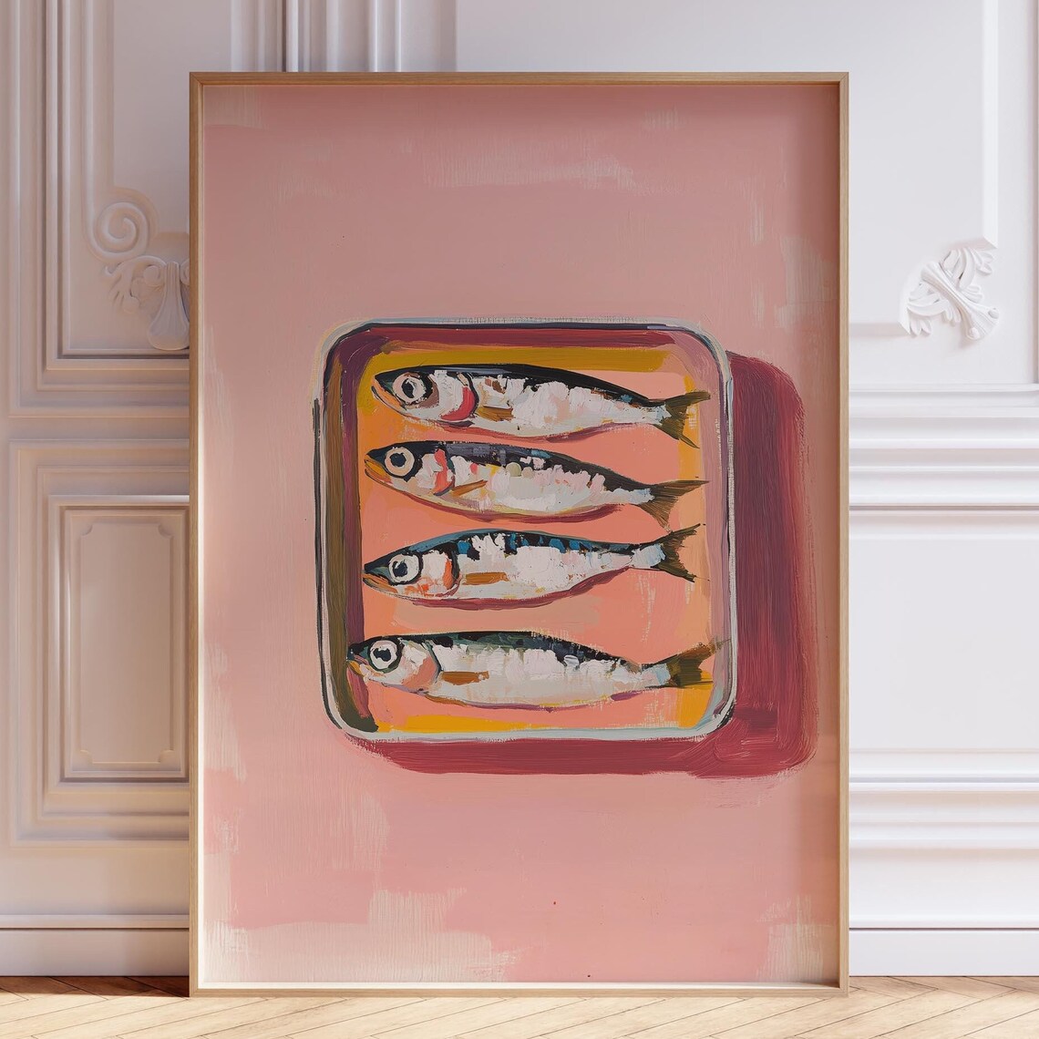 Pink Retro Sardine Tin Art Playful Kitchen Coastal Decor Poster