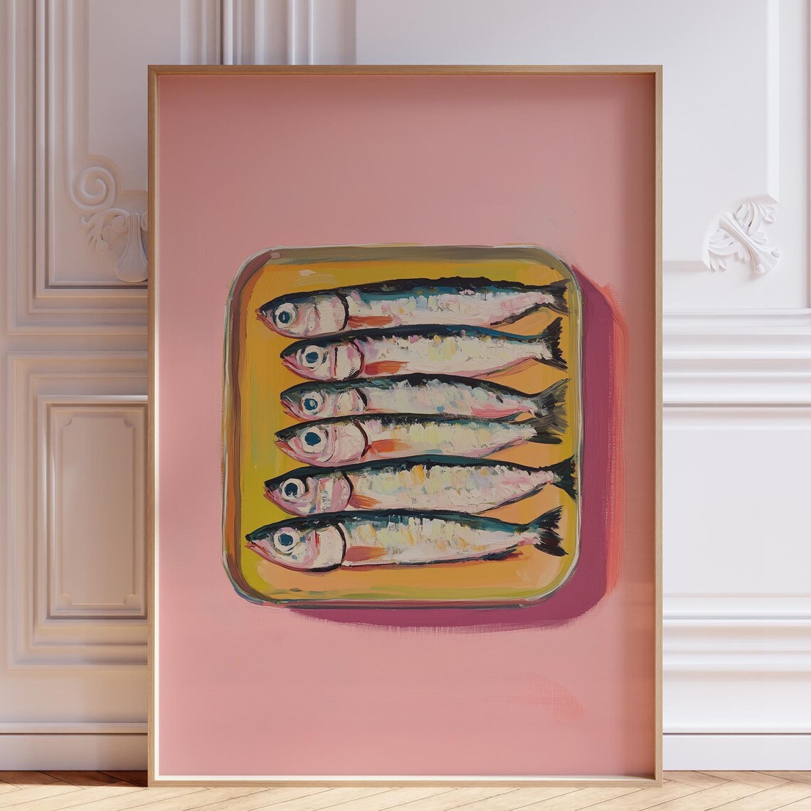 Pink Sardine Print Retro Sardines Wall Art Girly Kitchen Cute Fish Coastal