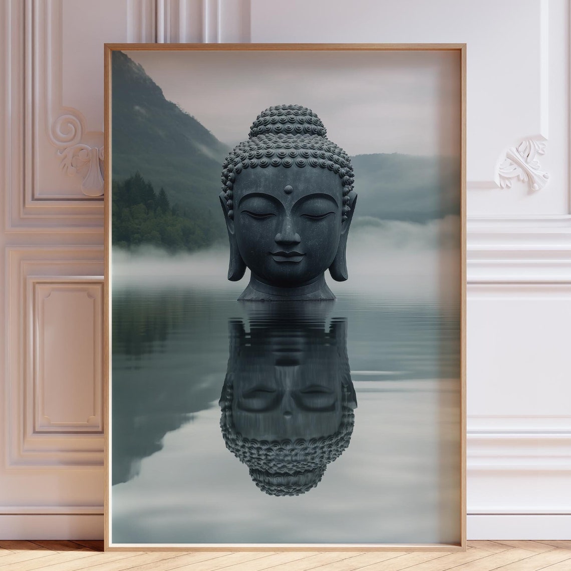 Buddha Head Reflection Over Still Water Misty Mountain Zen Poster