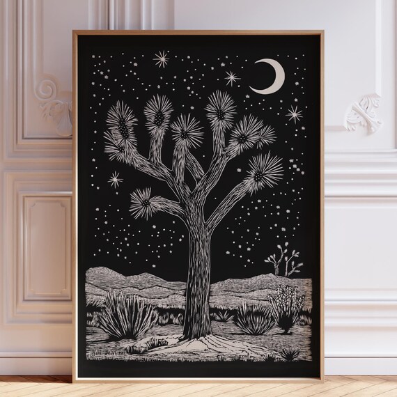 Joshua Tree Under Crescent Moon Black and White Night Block Print