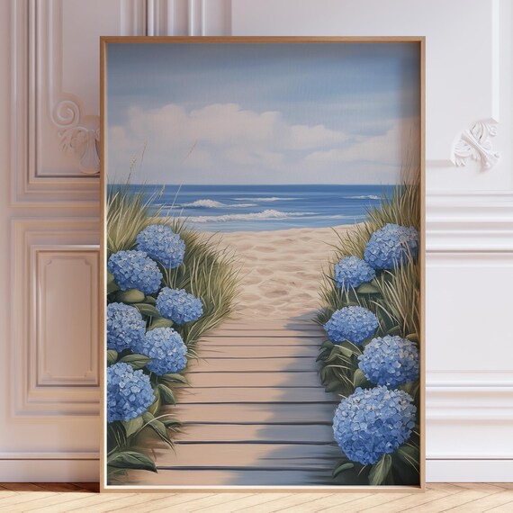 Blue Hydrangea Boardwalk To Beach Coastal Ocean Landscape Art Poster