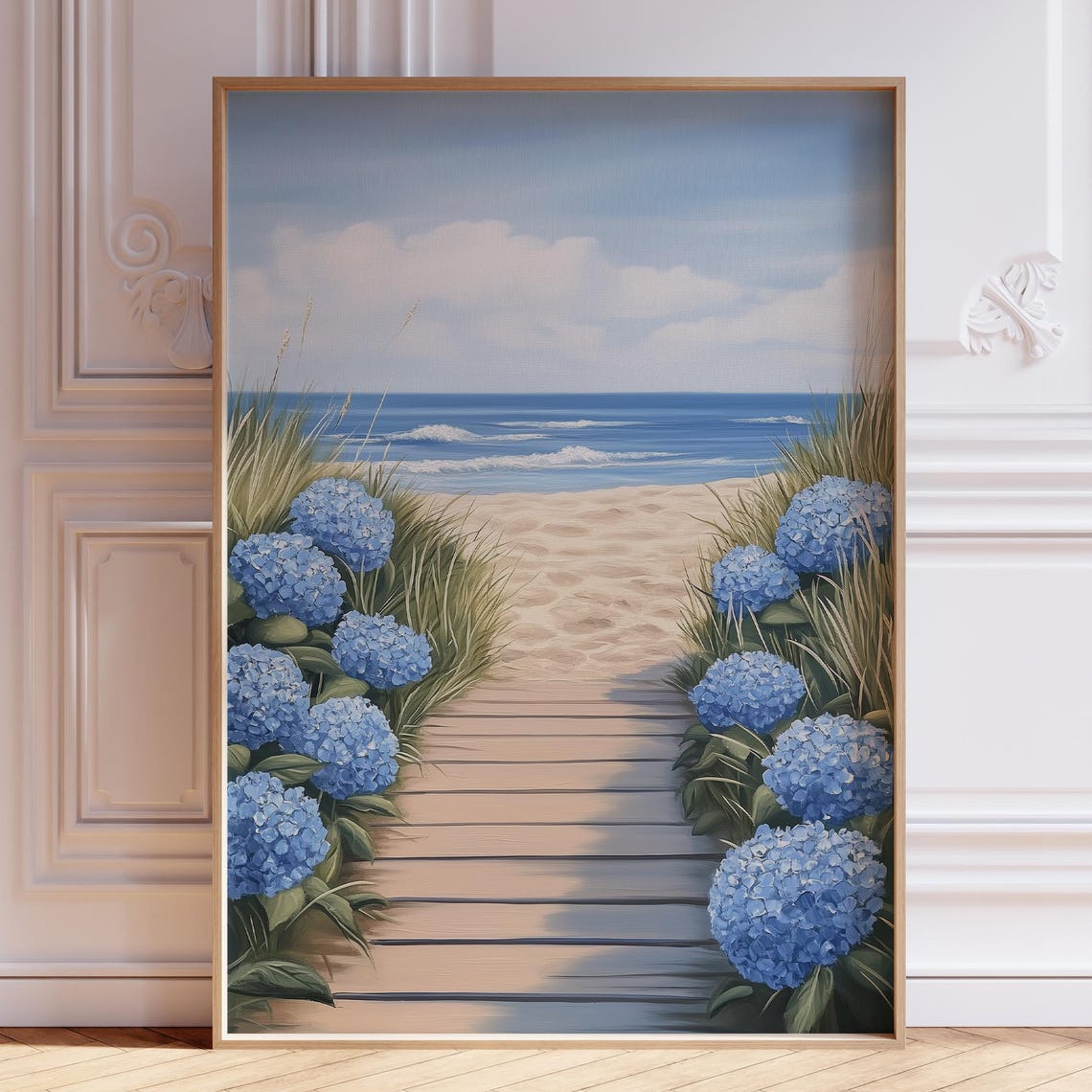 Blue Hydrangea Boardwalk Beach Painting Coastal Path Floral Poster