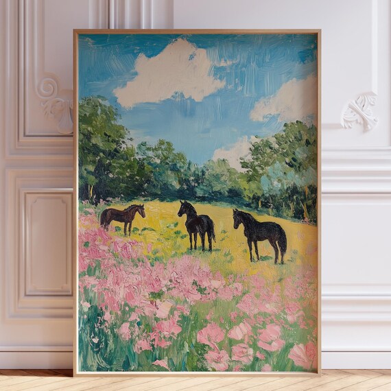 Three Horses Pink Wildflower Meadow Impressionist Art Poster