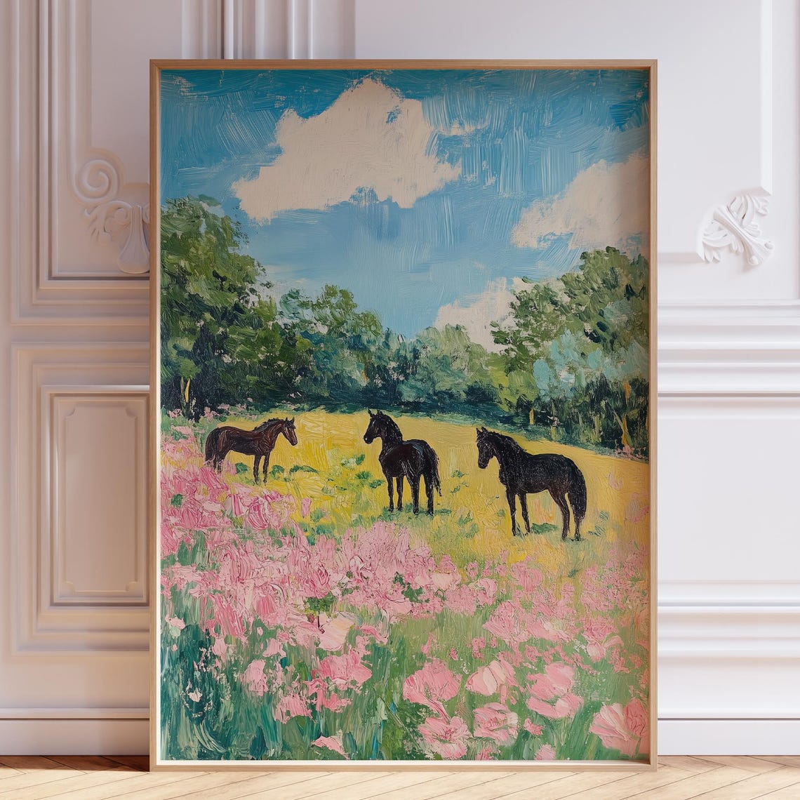 Three Black Horses in Yellow Field with Pink Wildflowers Art Print