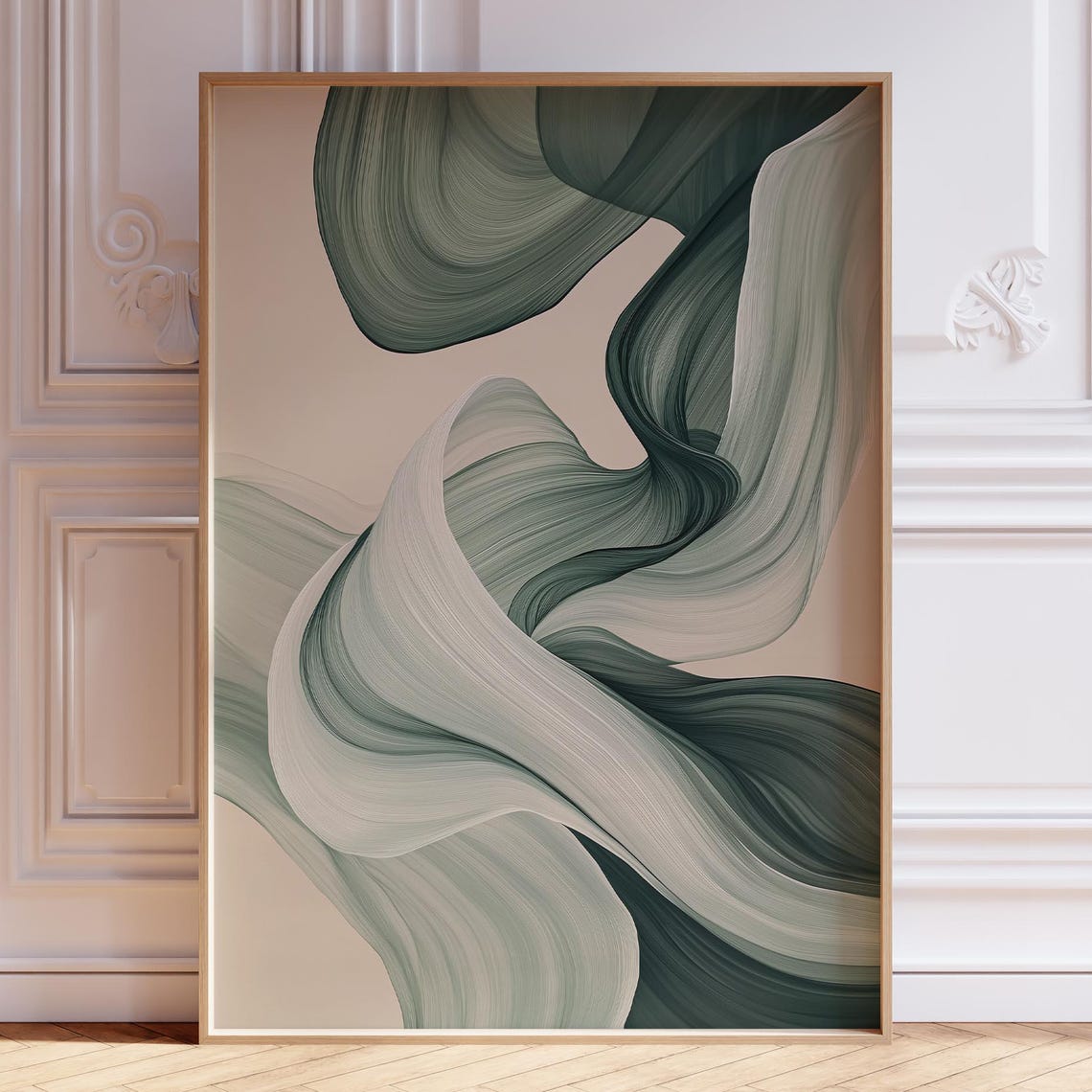 Sage Green Flowing Silk Ribbon Abstract Neutral Japandi Art Print