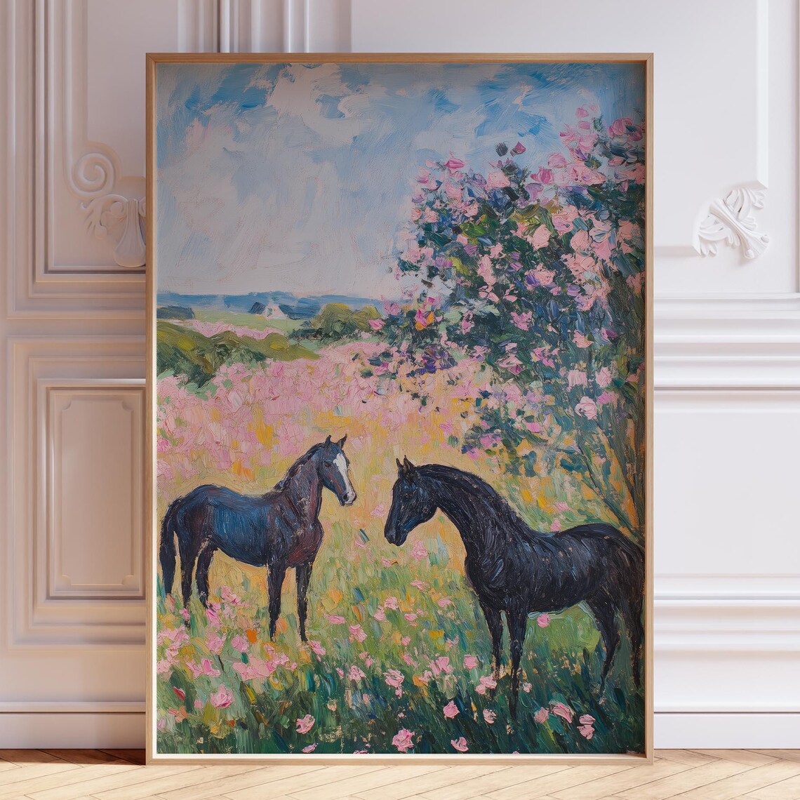 Two Black Horses Pink Wildflower Meadow Impressionist Poster