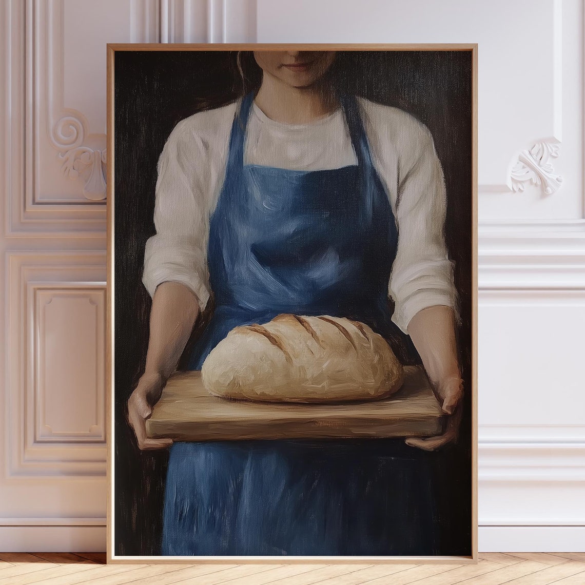 Vintage Baker Woman Holding Fresh Bread Rustic Kitchen Baking Wall Art