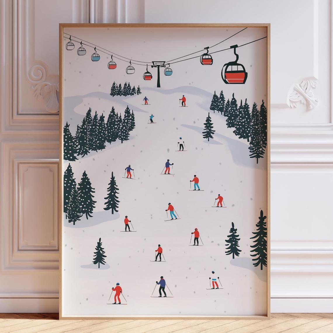 Busy Ski Resort Slope Colorful Cable Cars Retro Winter Sports Poster