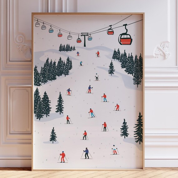 Busy Ski Resort Slope Colorful Cable Cars Retro Winter Sports Poster