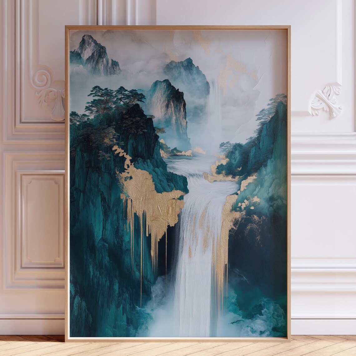 Japandi Waterfall Gold Leaf Teal Mountains Spirit Art Poster