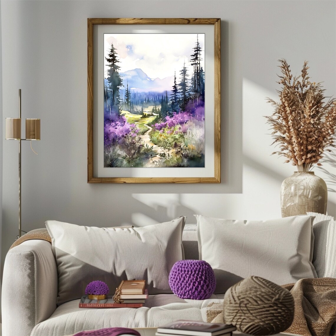 Field Of Wildflowers And Mountains Path Watercolor Art Print - Image 2