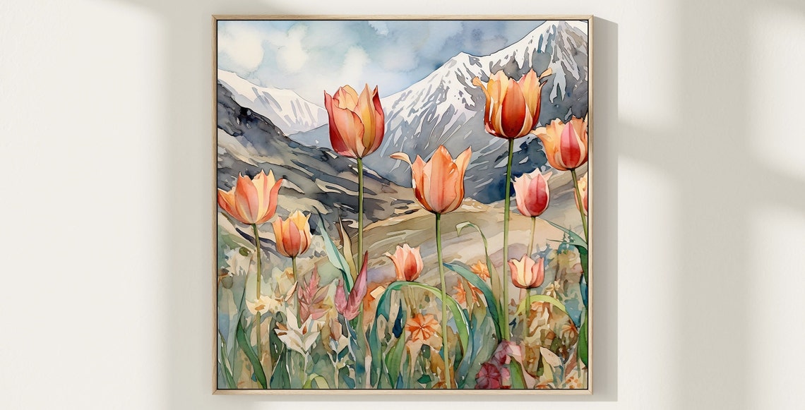 Orange Tulips Blooming Field Snowy Mountain Backdrop Watercolor Poster