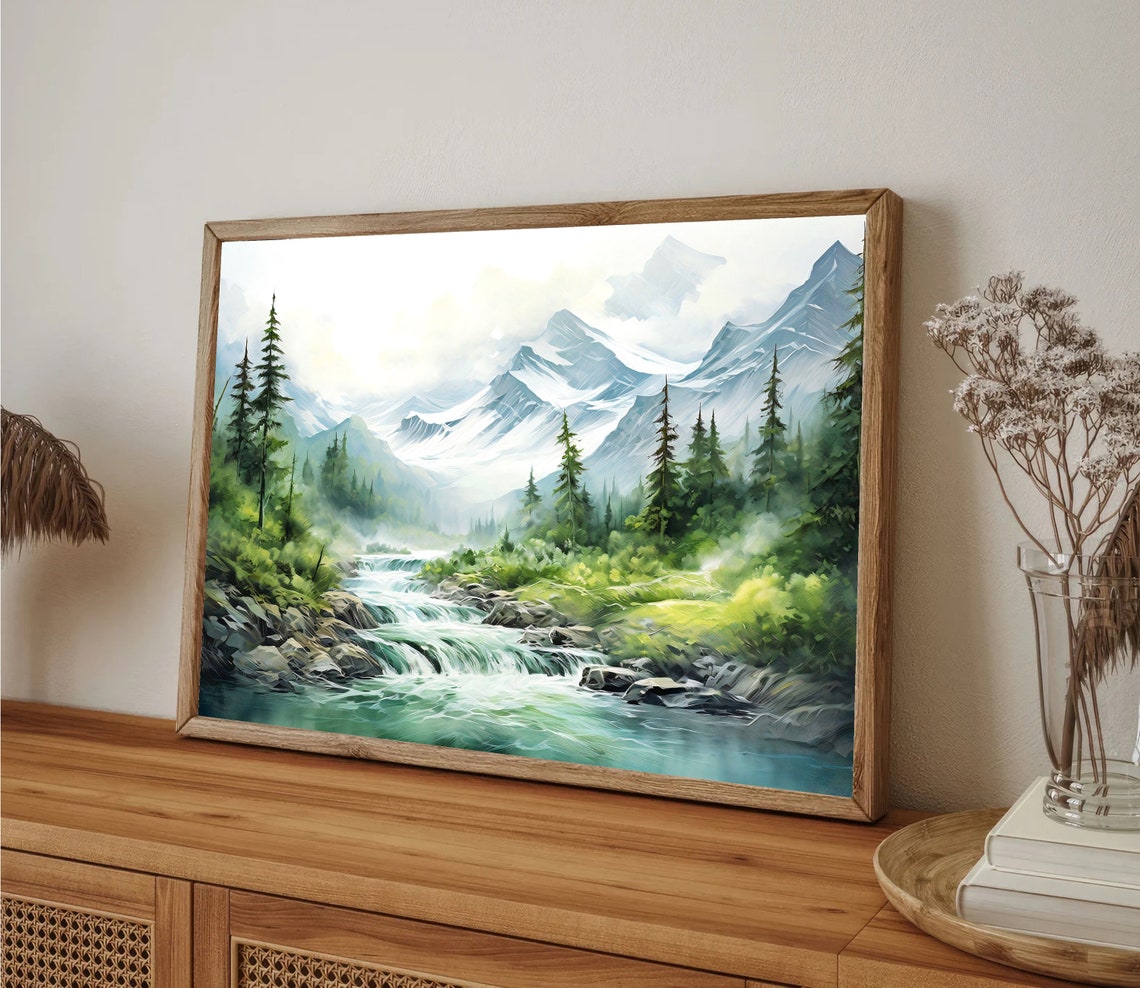 Rushing Mountain River with Rapids and Snowy Peaks Watercolor Poster - Image 5