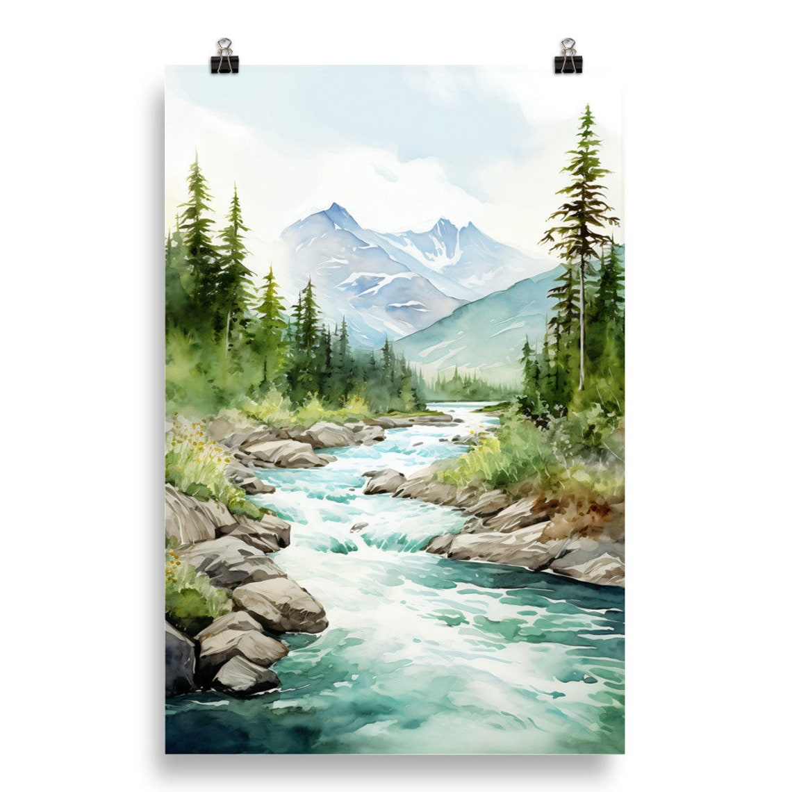 Mountain Stream Rapids Tall Pine Forest Watercolor Nature Poster - Image 5