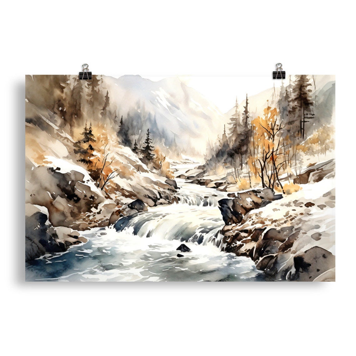 Winter Mountain Rapids Snowy Creek Watercolor Art Scene Poster - Image 5