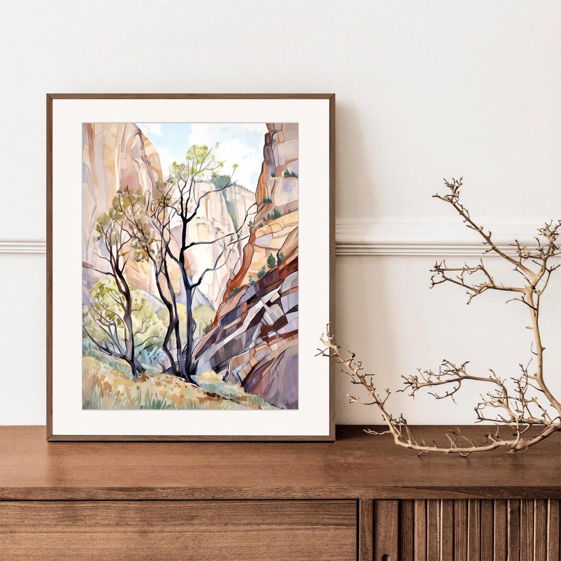 Zion Canyon Trees Red Rock Cliffs Watercolor Nature Art Poster - Image 2