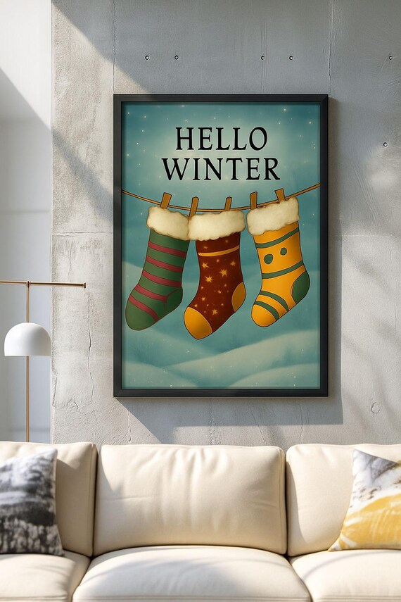 Hello Winter Christmas Stockings On A Clothesline Poster With Snow